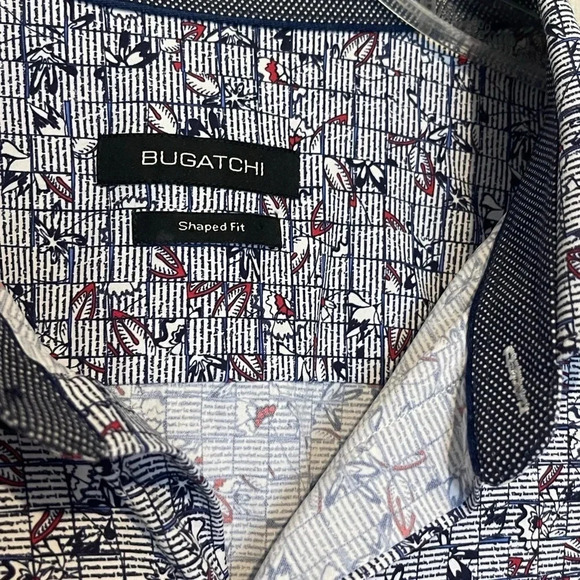 Mens Bugatchi Shaped Fit Shirt XXL 2XL White Blue Red Abstract Long Sleeve - Picture 2 of 7